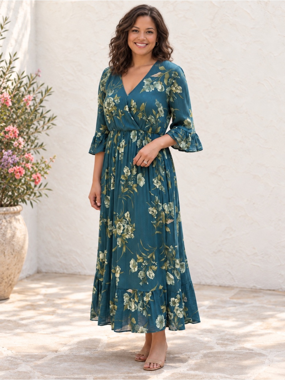 147 easel Teal Floral Maxi Dress Size Medium